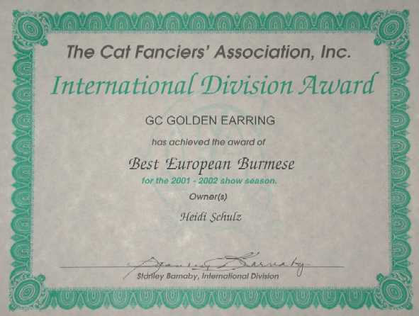 Golden Earring Best European Burmese Urkunde 2001/2002