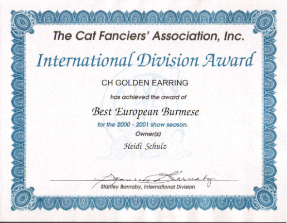Golden Earring Best European Burmese Urkunde 2000/2001